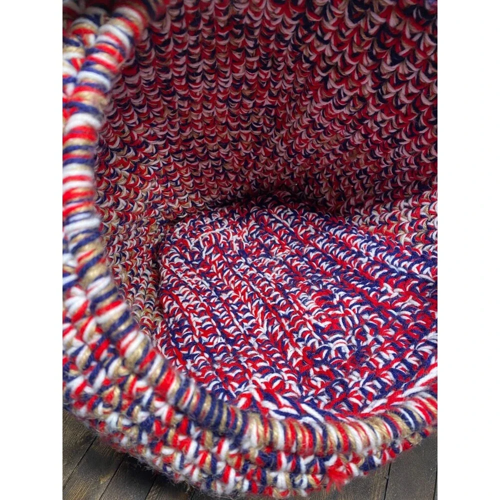 Handmade Crochet Red White Blue Cat Cave Pod Bed Hideaway Warm With Crochet Pad